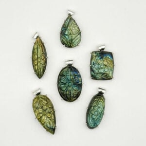 New Featured Stones labradorite carved floral prong pendant Pur Crystal Labradorite, Carved Floral Pattern Pendants, Various Shapes, Prong Setting